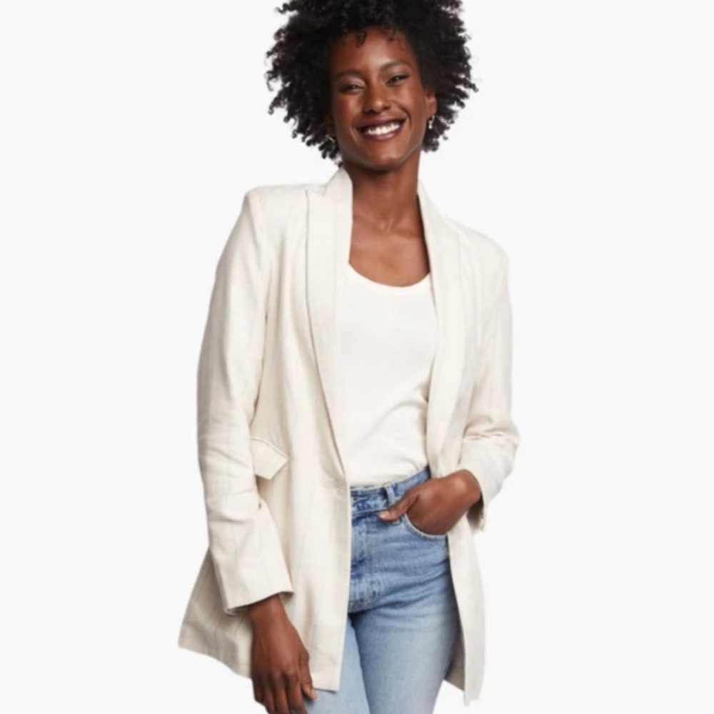 Able Vaudie Structured Blazer Cream Blue Grid Button Cotton L Large
